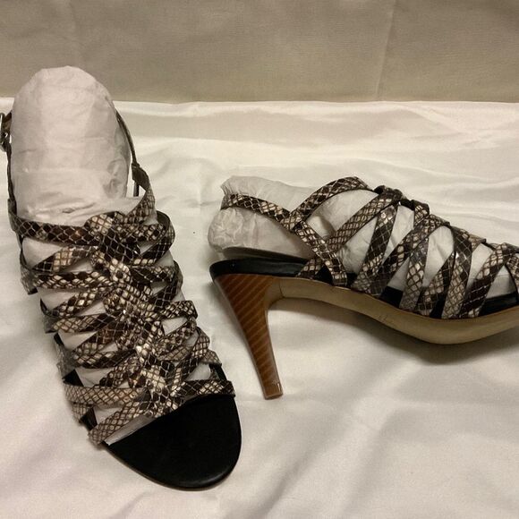 Ann Taylor LOFT, Open Toe, Strapped Slingback, Black Snakeskin, 6.5M - Picture 1 of 5